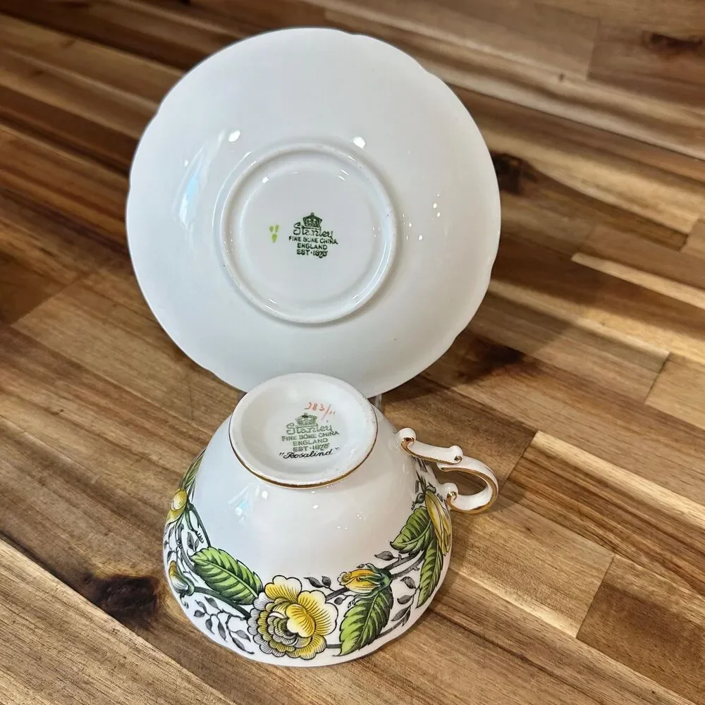 Vtg Stanley English Tea Cup Fine Bone China Yellow & Green Floral